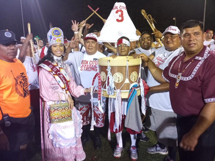 Choctaw Chief Cyrus Ben, right, and Princess Shemah Ladania Crosby present the Championship drum to the Bok Cito team following their 6-5 victory over Pearl River Saturday night in the men's division finals of the World Series of Stickball. This is the third straight championship for Bok Cito.